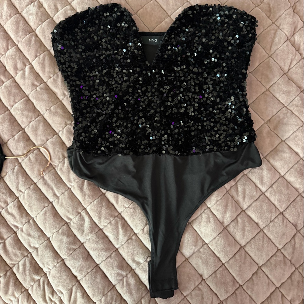 Mango Black Sequin Bandeau Bodysuit